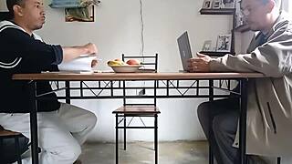 Cornudo distracts with business while I suck his partner's cock under the table