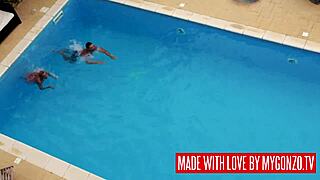Outdoor pool fun between voluptuous mature German Lana Vegas and Mugur
