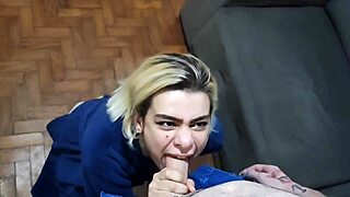 Russian girl gives deepthroat blowjob with spitting.