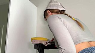The foreman roughly fucks the blonde painter bent over on stepladder with torn jeans 😈
