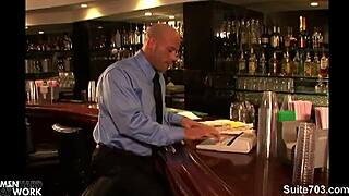 hottie long haired gay gives blowjob to bald guy in office