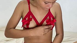 The pretty amateur strips naked and masturbates with dildo in tight pussy, reaching orgasm