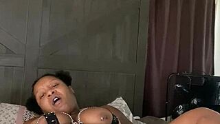 Ebony babe squirts hard with her favorite dildo