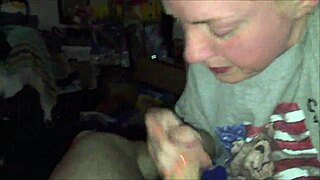 A blonde amateur gives a blowjob and swallows the cum.