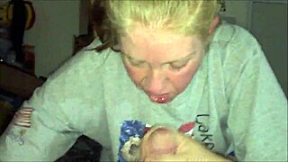 A blonde amateur gives a blowjob and swallows the cum.
