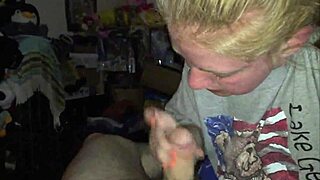 A blonde amateur gives a blowjob and swallows the cum.