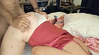 French amateur feels intense pleasure in satin lingerie during clothed doggystyle sex with deepthroat and rimjob