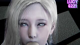 Young secretary with big tits gets oral from old man on desk.