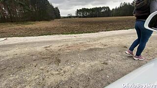 Hey, this busty hitchhiker is fucking for a ride outdoors