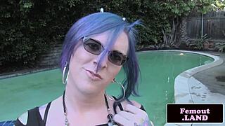 Inked Goth Tranny Plays with Her Cock Outdoors for First Time.