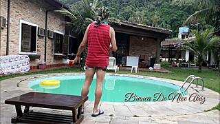 young brunette melissa fucks couple in the inn pool while myke watches