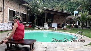 young brunette melissa fucks couple in the inn pool while myke watches