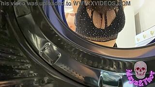 Hot busty chica stuck in washer gets filled up hard