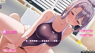 Couple in bathroom plays with bathing suit leading to ejaculation