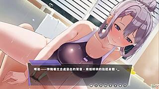 Couple in bathroom plays with bathing suit leading to ejaculation