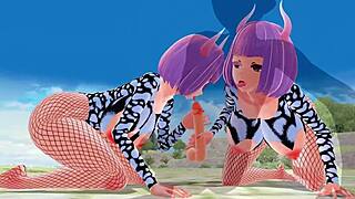 3d hentai girl gives blowjob with big tits and ass in fishnet