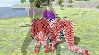 3d hentai girl gives blowjob with big tits and ass in fishnet