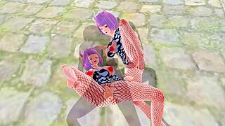 3d hentai girl gives blowjob with big tits and ass in fishnet