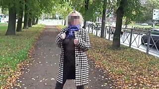 Nylon milf struts with big transparent boobs in sexy walk