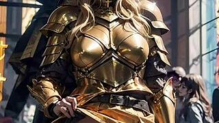 Anime knight flashes her pussy in church.