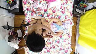 behind the scenes, vixen vanity with black christ, overhead view of big black cock in pussy and ass.