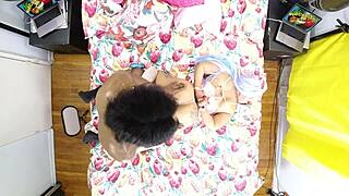 behind the scenes, vixen vanity with black christ, overhead view of big black cock in pussy and ass.