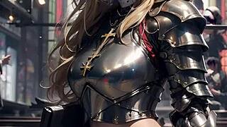 Anime knight flashes her pussy in church.