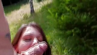 Brunette Babe Swallows Cum Outdoors