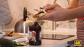 Rim4k handsome guy makes breakfast while wife is worshipping his ass.