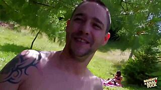 Brunette Babe Swallows Cum Outdoors