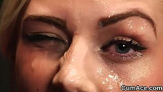 unusual hottie gets cum shot on face, gulping all the love juice!