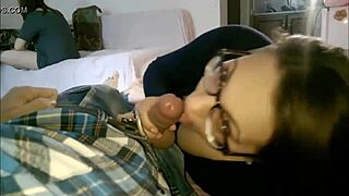 I'm the student playing on the computer while my friend secretly sucks my boyfriend's big cock.