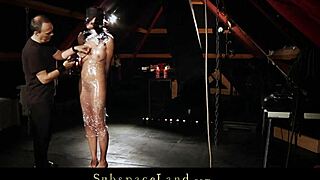 Obsessive spanking for big tits slave ball gagged and cum drilled