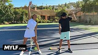 Stepmother at tennis tournament with stepson