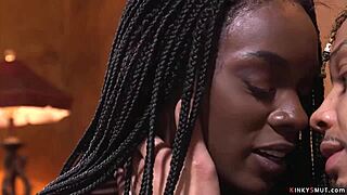 Ebony slave gets banged by big black cocks in bondage