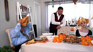 Russian MILF and petite amateur get stuffed on Thanksgiving