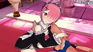 ram from re-zero gives handjob to monster cock in 3d cartoon