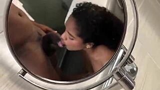 brunette secretly gives her lover a blowjob in public