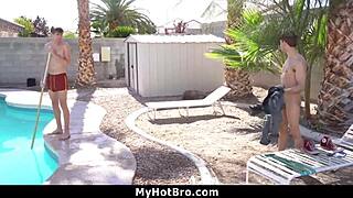 Blonde twink stepbrothers hang out by the pool, getting busy with oral and anal