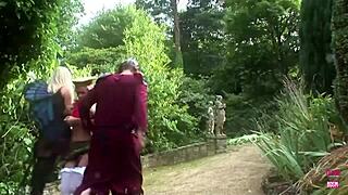 three horny blondes in stockings riding cocks to orgasm outdoors?