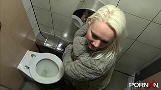 Public shower fun with a shaven blonde babe in the UK