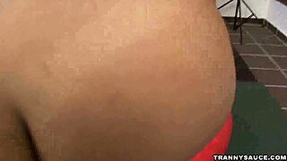 Busty brunette shemale Honey tugs on her cock solo