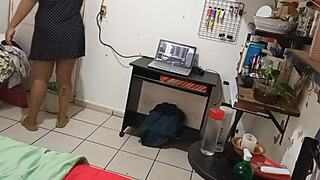 curvy latina milf maestra cleaning room shows off thong