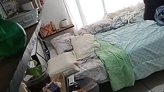 curvy latina milf maestra cleaning room shows off thong