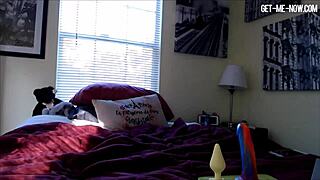 blonde with nipple clamps slides butt plug in while masturbating hard