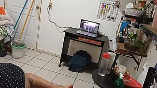 curvy latina milf maestra cleaning room shows off thong