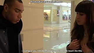 Brown cutie sucks cocks in the mall shop