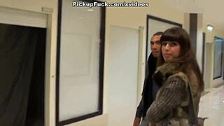 Brown cutie sucks cocks in the mall shop