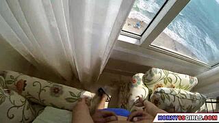 Seduce the cute babe with small tits in bikini outdoors!