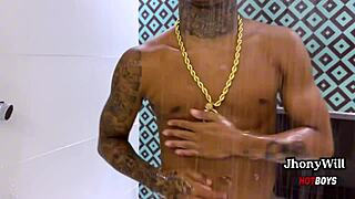 tanned muscular novinho fucks my ass in the shower, beautiful black cock